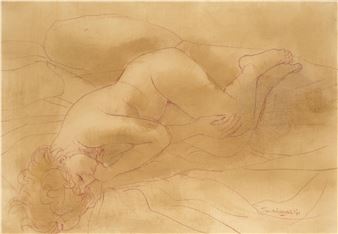 A sketch of a reclining nude figure on a textured surface.