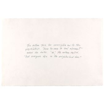 A minimalist postcard featuring a handwritten dialogue in muted green ink on off-white paper.