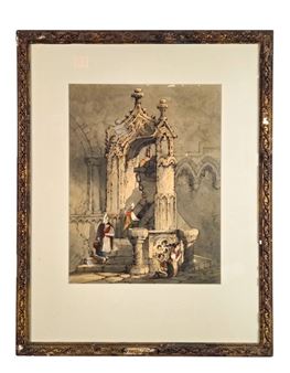 Interior Gothic architectural scene with figures - Samuel Prout