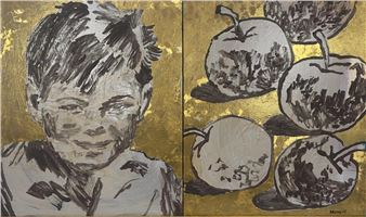 A split-panel artwork featuring a sketchy portrait of a person on the left and four apples on the right, both rendered in black ink against a textured gold background.