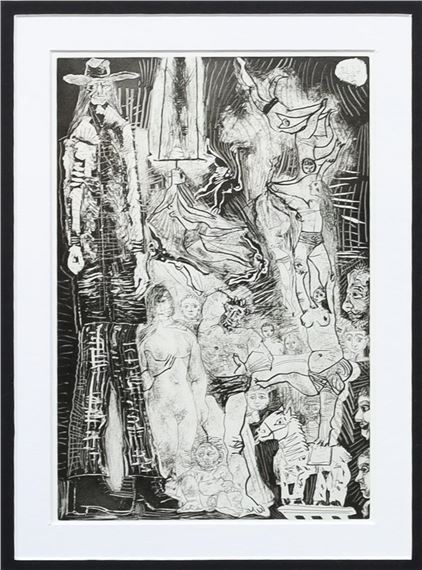 A chaotic black-and-white print filled with a surreal, crowded scene of figures and symbolic objects.