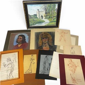 A collection of framed and unframed drawings featuring classical figures, portraits, and a landscape scene.