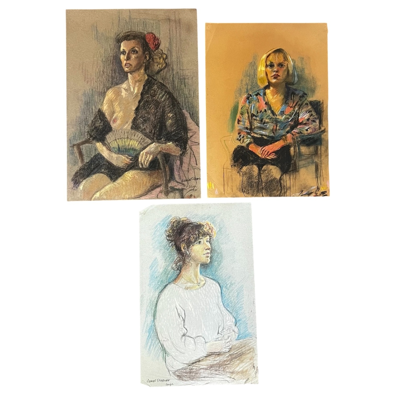 A collection of framed and unframed drawings featuring classical figures, portraits, and a landscape scene.