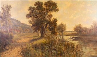 A pastoral landscape painting featuring a large tree, a winding path, and distant figures near a body of water.