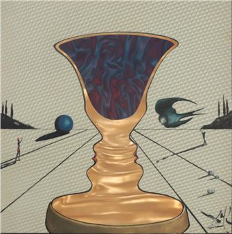 A surreal composition featuring a large golden goblet with a swirling interior, set against a stylized landscape with tiny figures and birds.