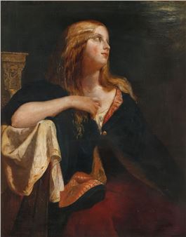 A classical portrait of a woman in dark robes with a contemplative gaze, rendered in dramatic chiaroscuro lighting.