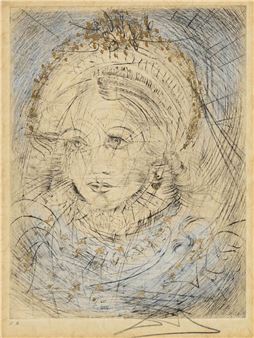 A sketchy portrait of a crowned figure with a halo of stars.