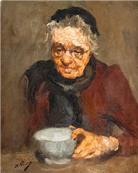 A portrait of an elderly figure with glasses, wearing a dark scarf and red coat, holding a white cup.