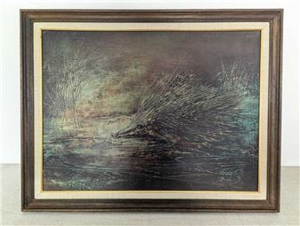 A moody landscape painting featuring a porcupine emerging from water.