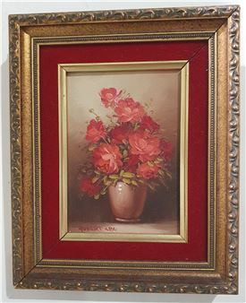 A classic still life painting of a bouquet of red roses in a vase, framed in ornate gold.