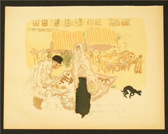 A vibrant print of a market scene with figures, a cart, and a dog.