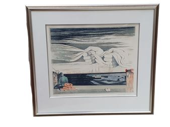 A framed lithograph depicting a surreal seascape with a giant hand emerging from the waves.