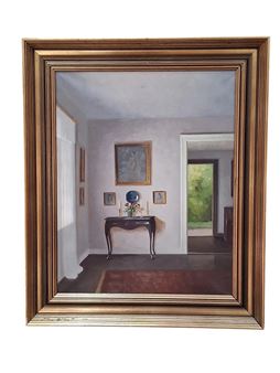 A framed interior scene featuring a console table, wall art, and an open doorway revealing greenery outside.