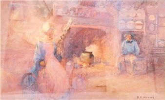A watercolor scene of a domestic interior with two figures and a fireplace.