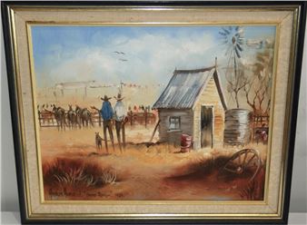 A rustic western scene featuring two figures near a small wooden shack in a dusty landscape.