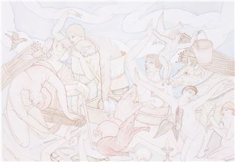 A crowded, monochromatic scene filled with figures in various states of labor and repose.