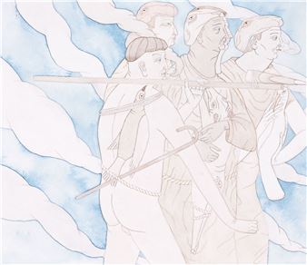 A watercolor illustration of four figures in a procession, rendered in soft earth tones against a pale blue background.