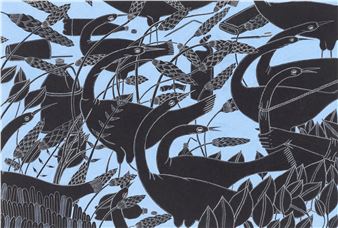 A bold graphic print featuring black cranes and reeds against a light blue background.