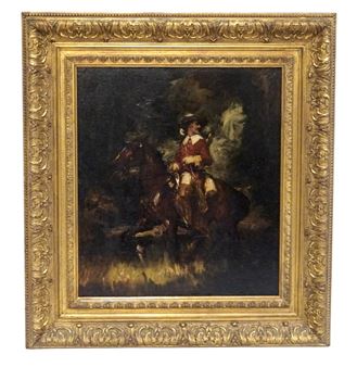 A dramatic oil painting of a rider on horseback in a dark, moody landscape.