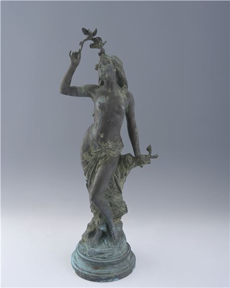 a patinated green metal Art Nouveau sculpture, semi-nude female against a naturalistic branch - Édouard Drouot