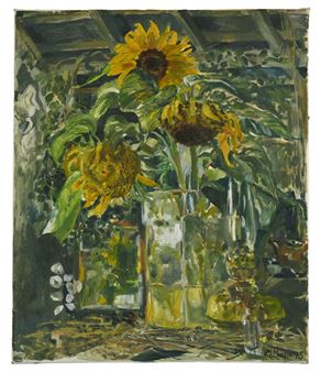 A still life painting of sunflowers in glass vases against a dark, textured background.