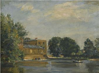A serene landscape painting of a riverside scene with a brick building, lush trees, and a calm waterway under a cloudy sky.