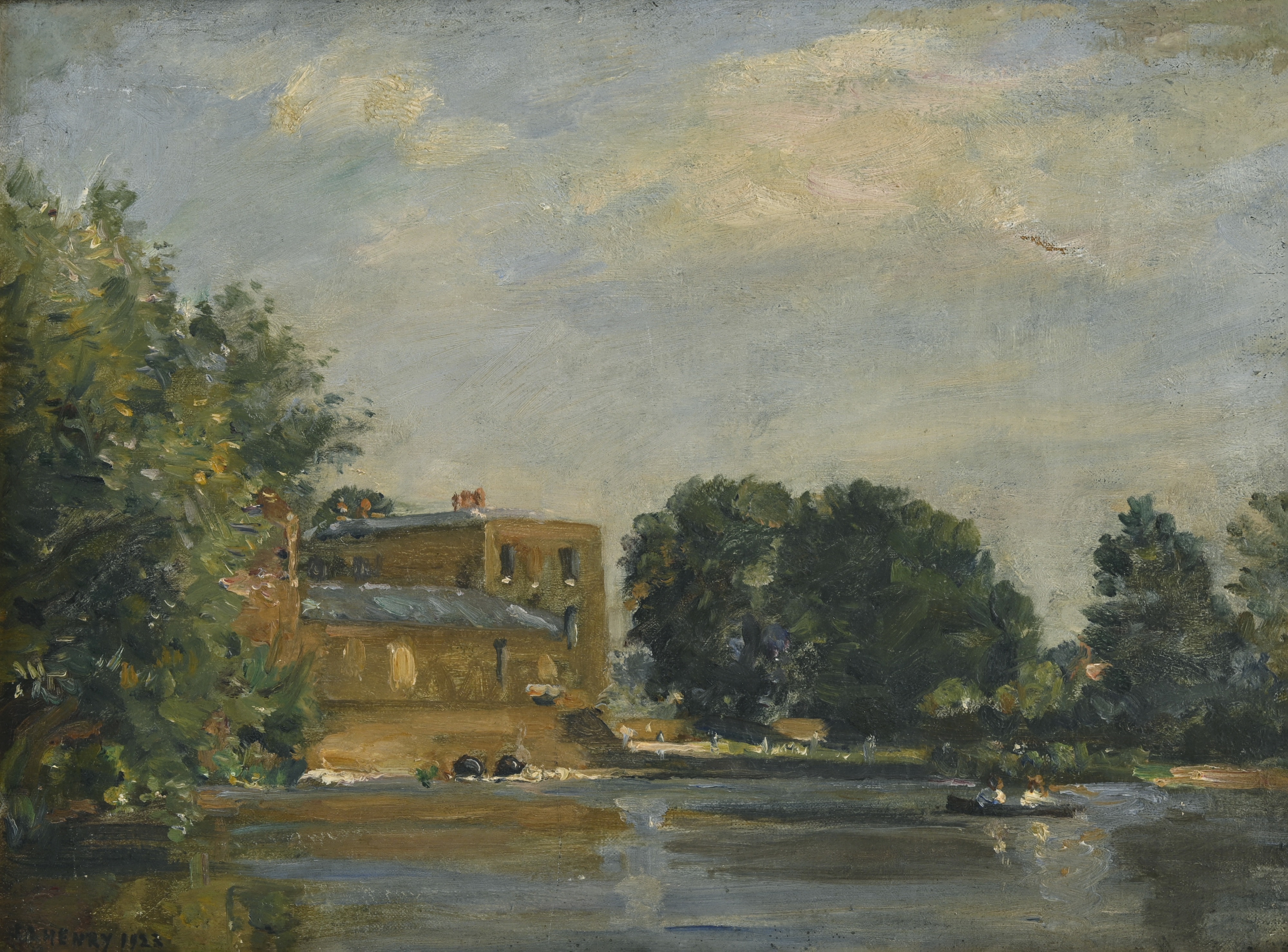 A serene landscape painting of a riverside scene with a brick building, lush trees, and a calm waterway under a cloudy sky.