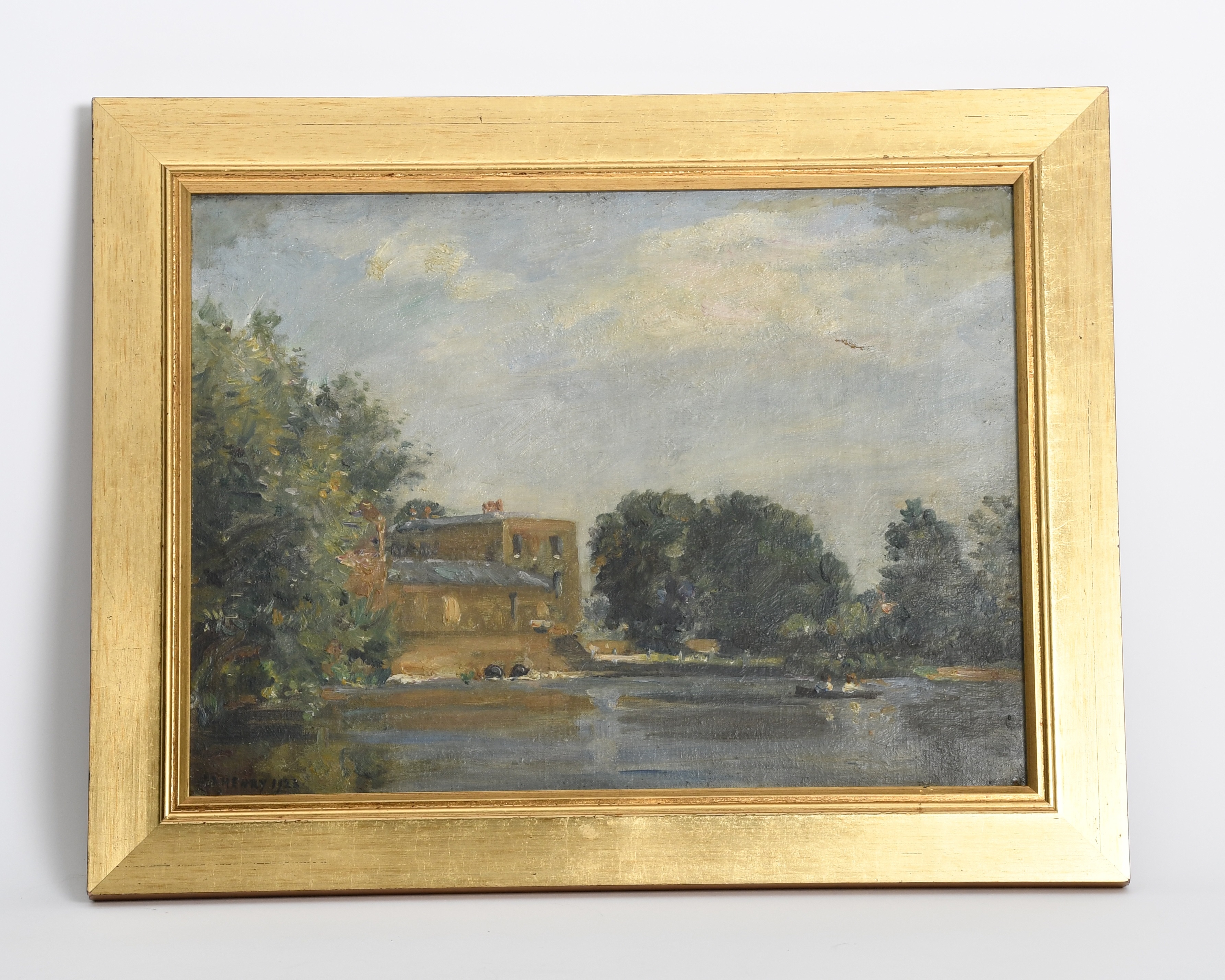 A serene landscape painting of a riverside scene with a brick building, lush trees, and a calm waterway under a cloudy sky.