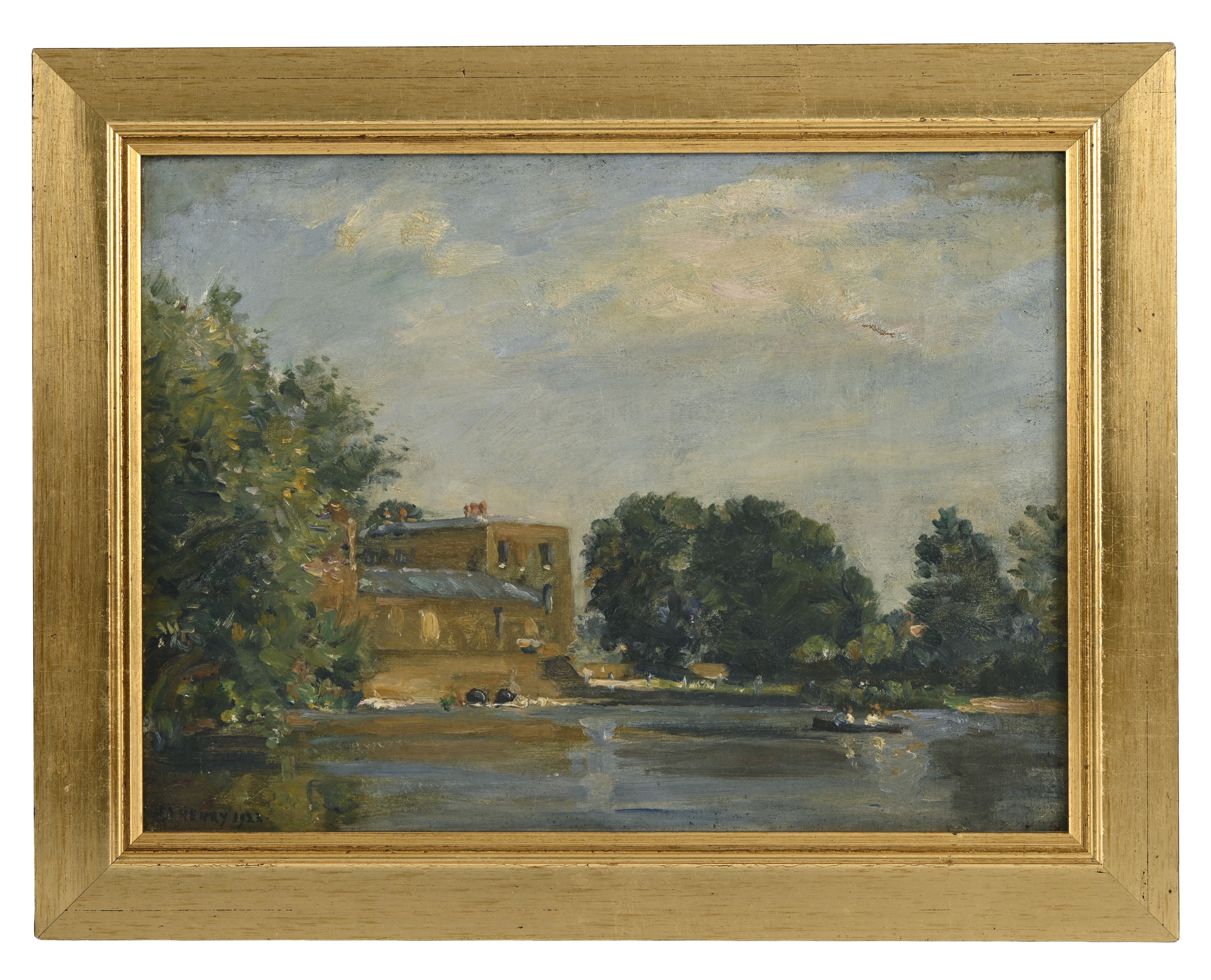 A serene landscape painting of a riverside scene with a brick building, lush trees, and a calm waterway under a cloudy sky.