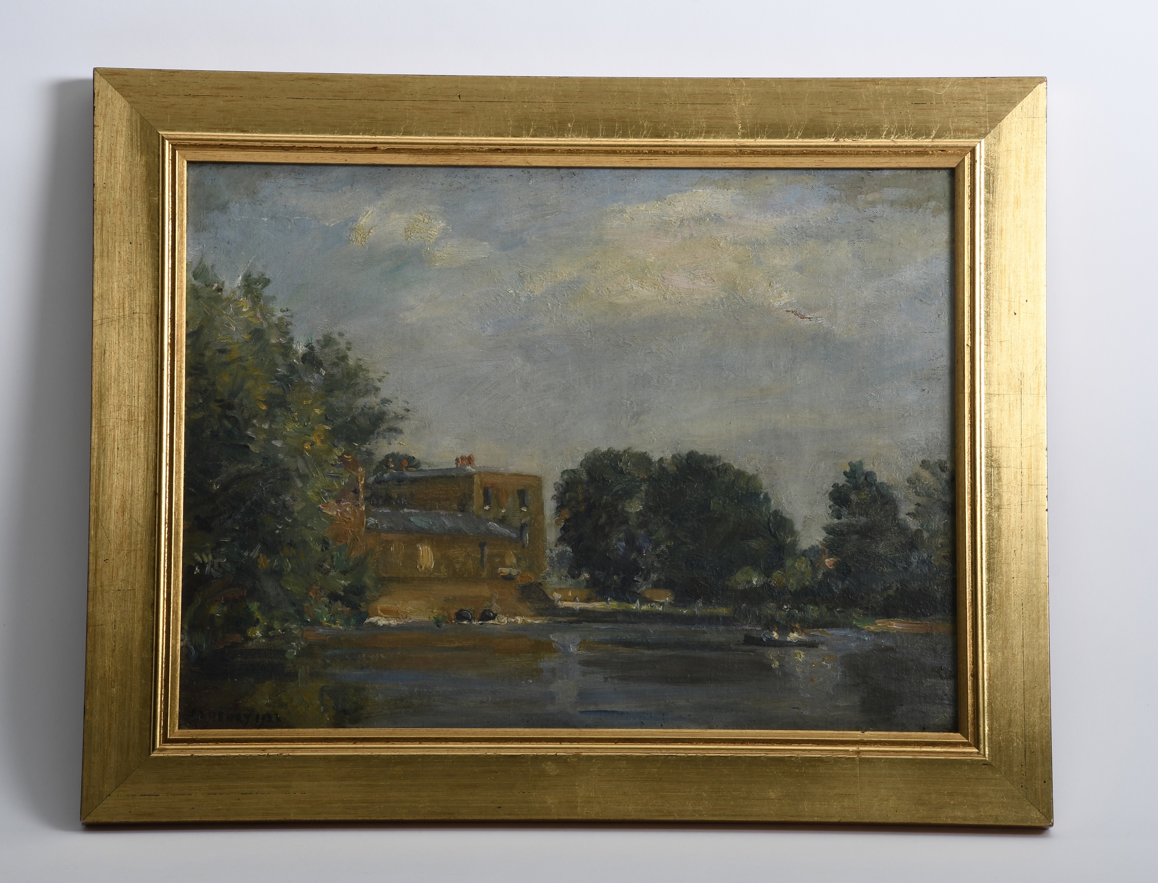A serene landscape painting of a riverside scene with a brick building, lush trees, and a calm waterway under a cloudy sky.
