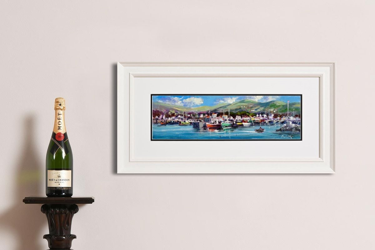 A vibrant impressionist harbor scene featuring colorful boats, a bustling town, and rolling green hills under a bright sky.