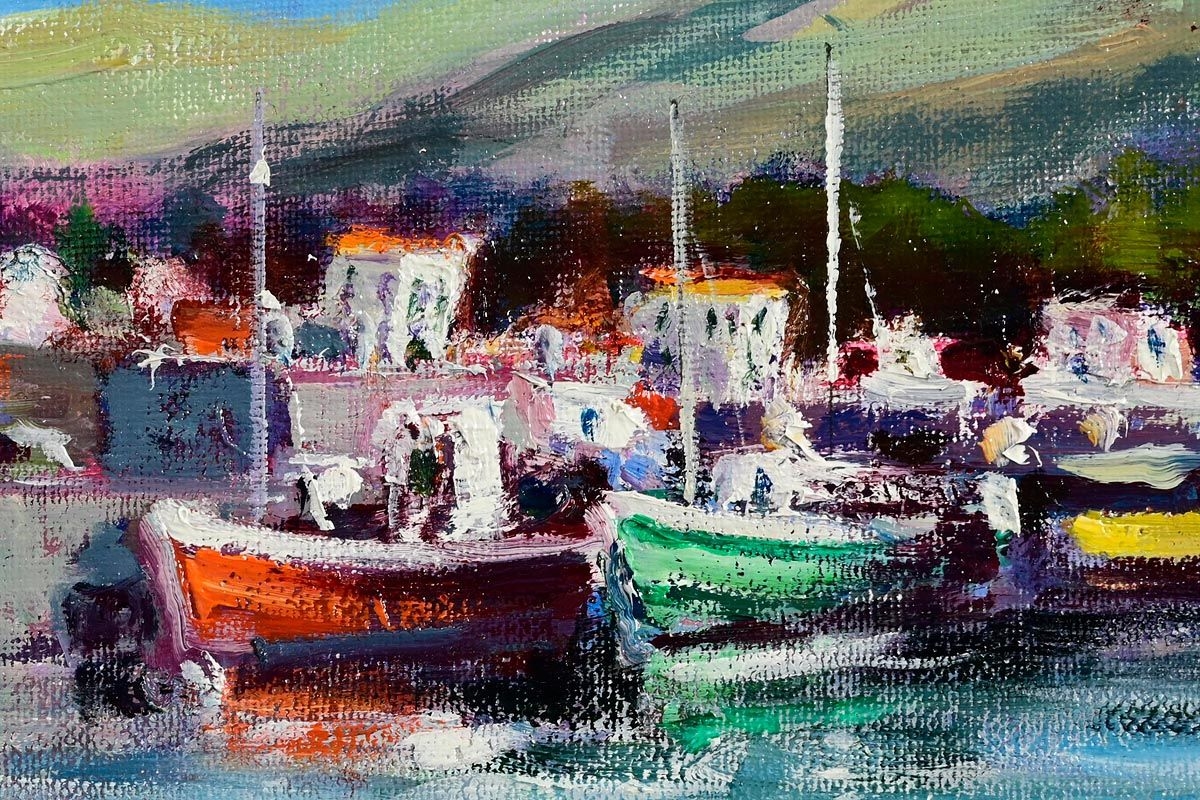 A vibrant impressionist harbor scene featuring colorful boats, a bustling town, and rolling green hills under a bright sky.