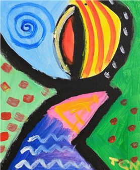 A vibrant abstract composition featuring a stylized face with bold colors and geometric patterns.