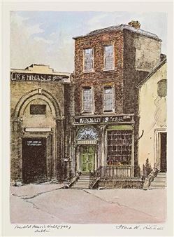 A watercolor street scene depicting a historic brick building with a shop front and an arched doorway.