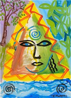 A vibrant, abstract portrait of a face emerging from a sun-like triangle against a nature background.