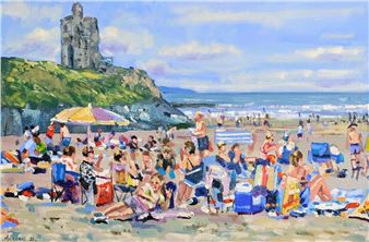 A vibrant beach scene filled with people relaxing under colorful umbrellas near a historic stone ruin.