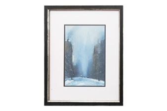 A framed painting of a snowy city street with tall buildings and falling snow.