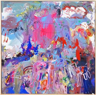 A vibrant abstract painting featuring a chaotic landscape of animals and clouds in a colorful, expressive style.