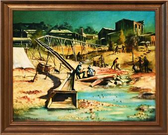 A rustic mining camp scene with figures working around a sluice box in a river.
