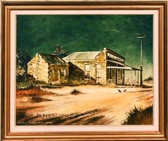 A desolate rural scene featuring a weathered stone building under a dark, moody sky.