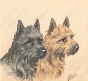 A soft, textured portrait of two small dogs with alert ears and expressive eyes.