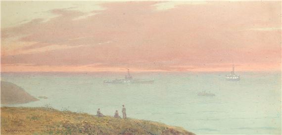 A serene seascape at twilight featuring three figures on a grassy cliff overlooking ships on the horizon.