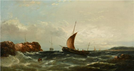 A seascape painting depicting a small sailing vessel navigating turbulent waters near rocky shores.