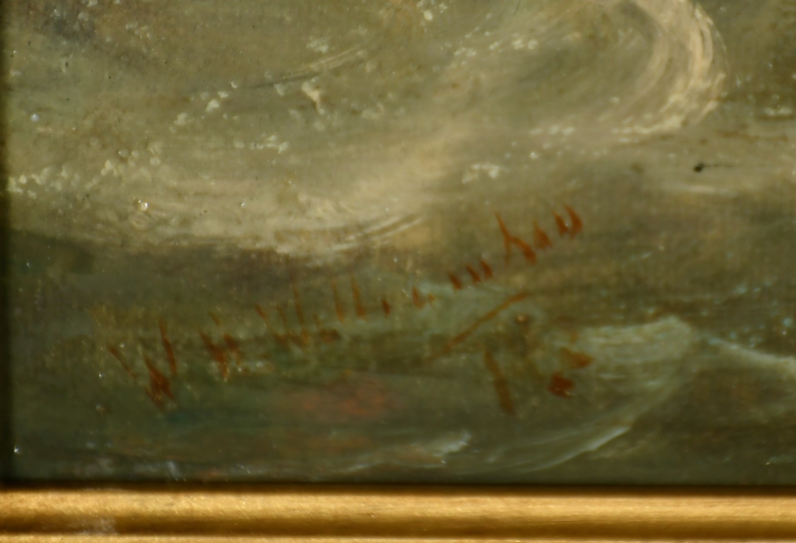 A seascape painting depicting a small sailing vessel navigating turbulent waters near rocky shores.