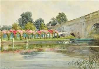 A serene watercolor landscape featuring a stone bridge, a flower-lined archway, and a calm river.