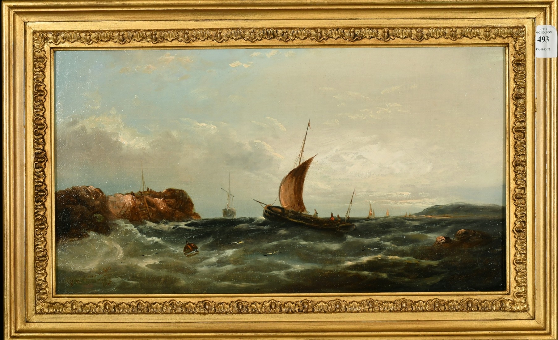 A seascape painting depicting a small sailing vessel navigating turbulent waters near rocky shores.
