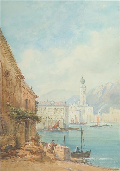 A serene watercolor seascape featuring a coastal town with boats and distant mountains.
