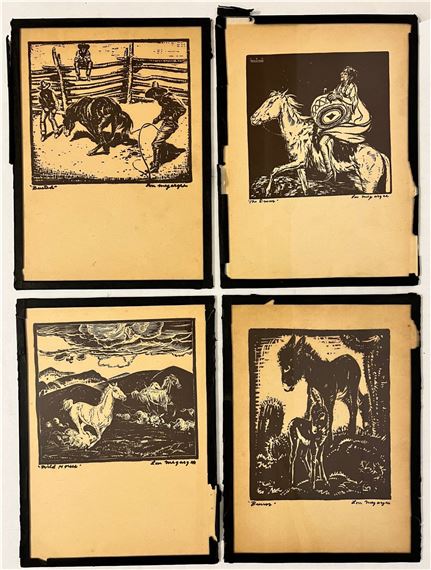 A collection of four black-and-white woodcut prints depicting scenes of horseback riding and ranch life.