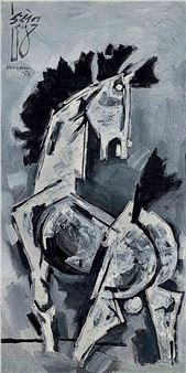 A monochromatic abstract study of a rearing horse rendered in sharp, fragmented planes.