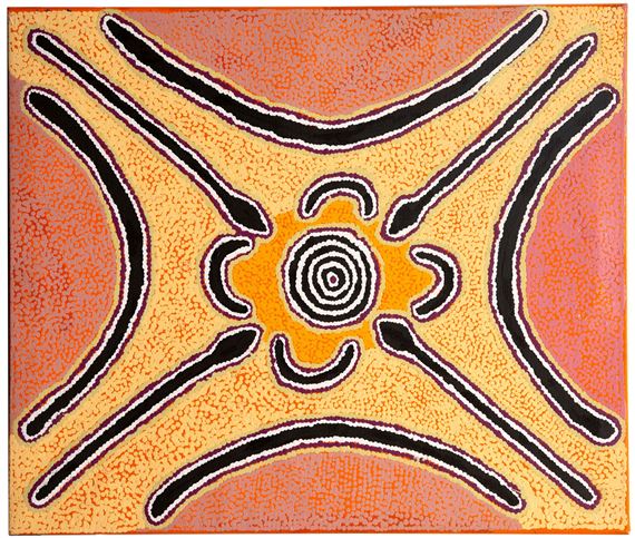 A vibrant dot-painted artwork featuring a central spiral motif surrounded by radiating curved lines.